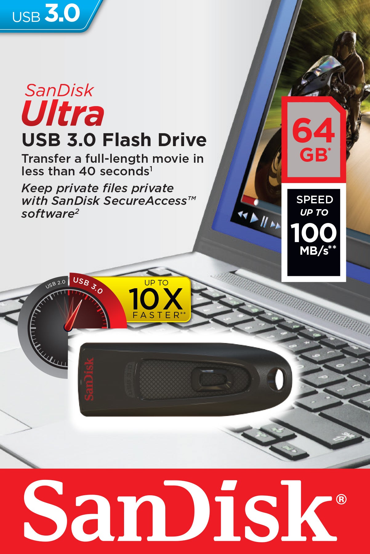 SanDisk Ultra USB-Stick 64 GB – USB-A USB 3.2 Gen 1, 100 MB/s Lesen, Passwortschutz, 128-bit AES, Schwarz