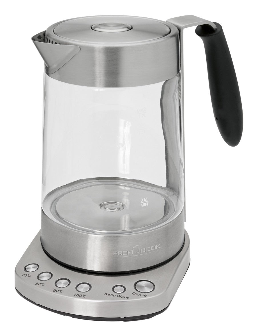 ProfiCook Tee- und Wasserkocher – 1,7 l, mit Temperaturwahl, Warmhaltefunktion, Glas/Edelstahl, PC-WKS 1020 G