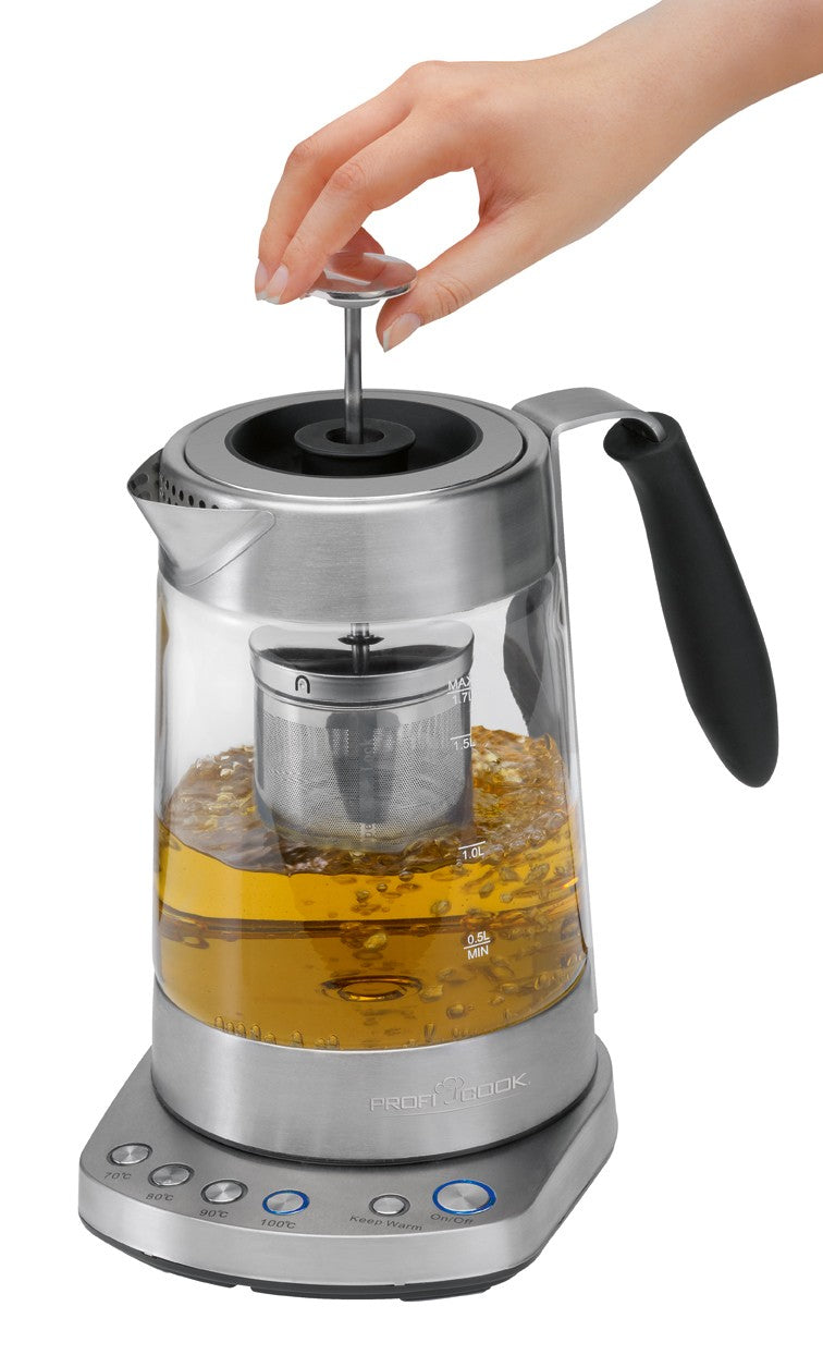 ProfiCook Tee- und Wasserkocher – 1,7 l, mit Temperaturwahl, Warmhaltefunktion, Glas/Edelstahl, PC-WKS 1020 G