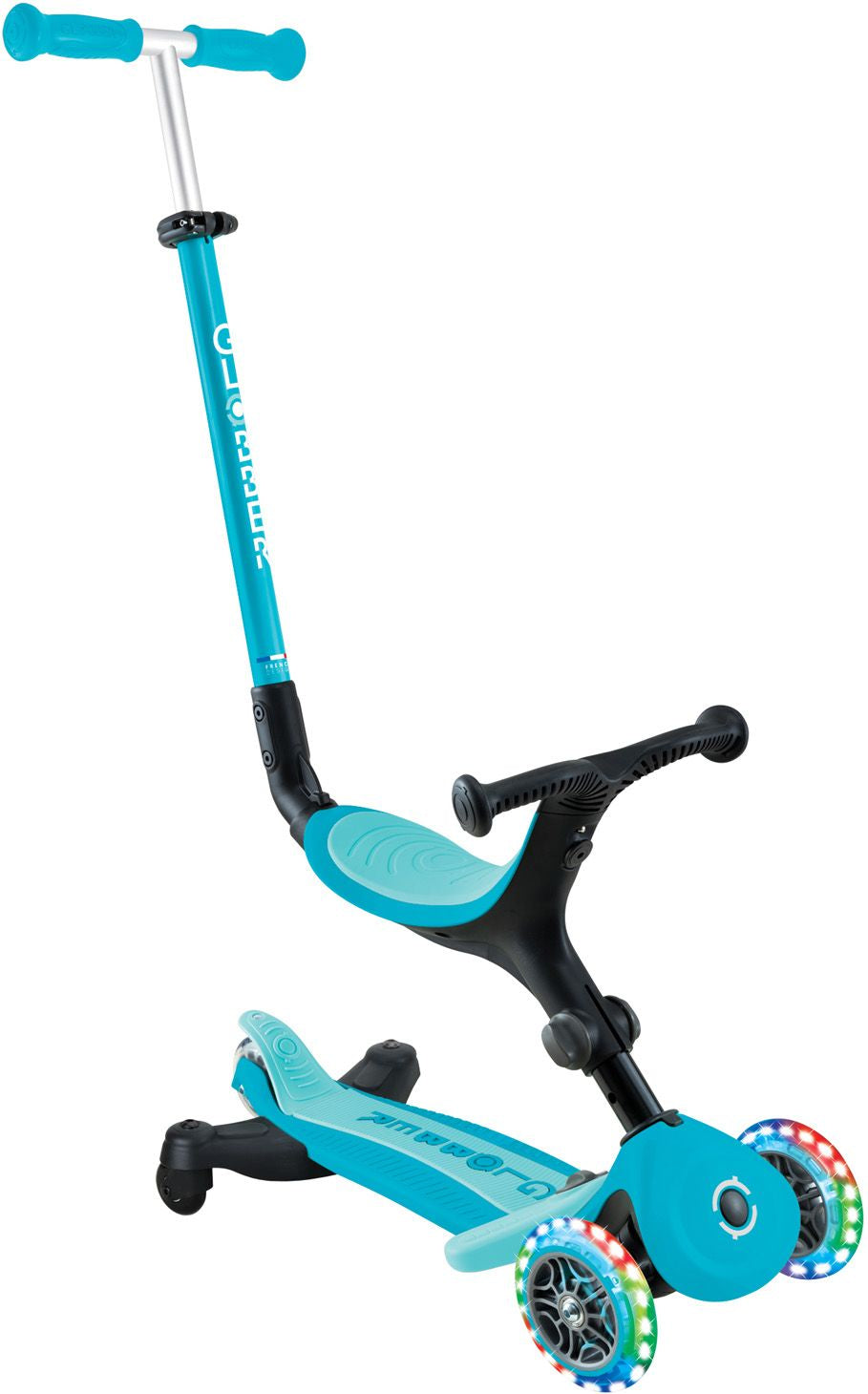 Globber GO UP Dreiradroller – 4 Räder, höhenverstellbar, faltbar – belastbar 20 kg – ab 1 Jahr – Aqua