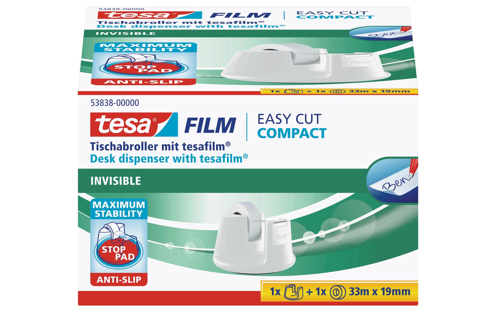 TESA Tischabroller EasyCut – für Klebeband bis 19 mm × 33 m, inkl. 1 Rolle 19 mm × 33 m, weiss