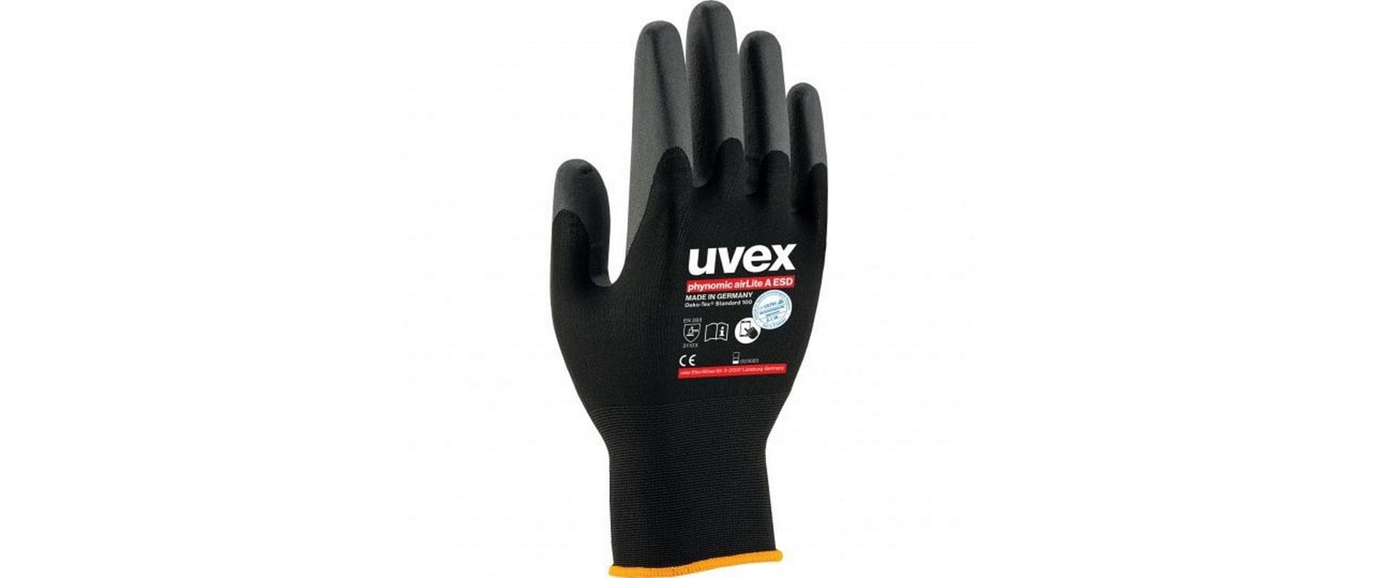Uvex Arbeitshandschuhe phynomic airLite A – Grösse 9, 1 Paar – ESD, EN 388:3110X, Schwarz