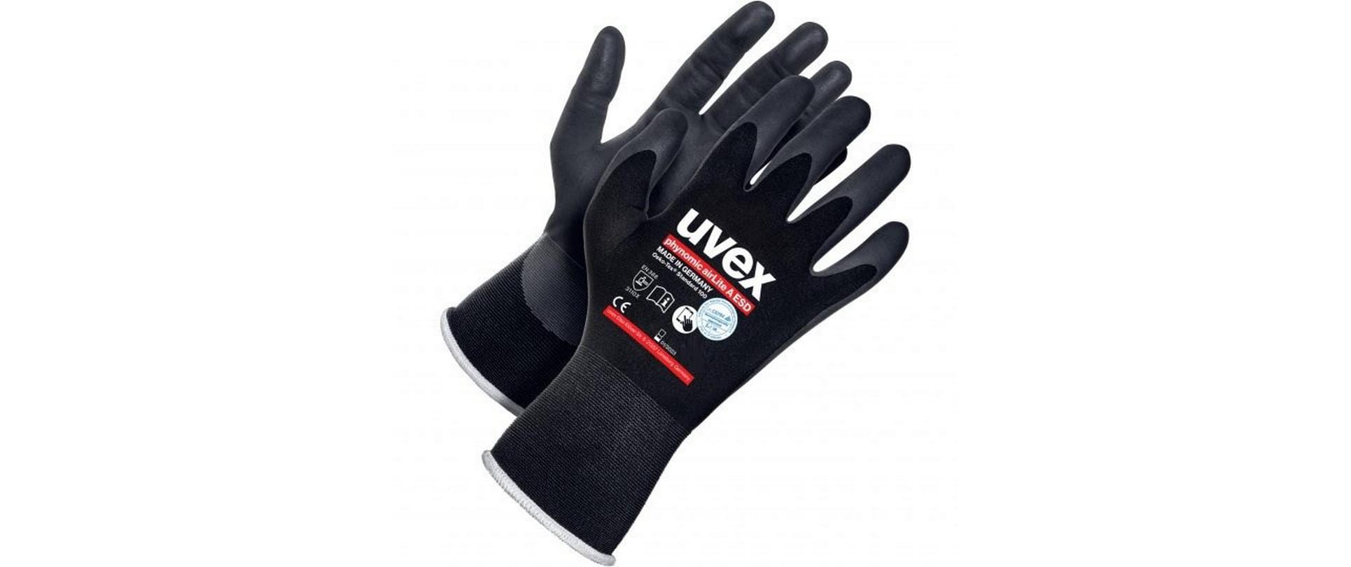 Uvex Arbeitshandschuhe phynomic airLite A – Grösse 9, 1 Paar – ESD, EN 388:3110X, Schwarz
