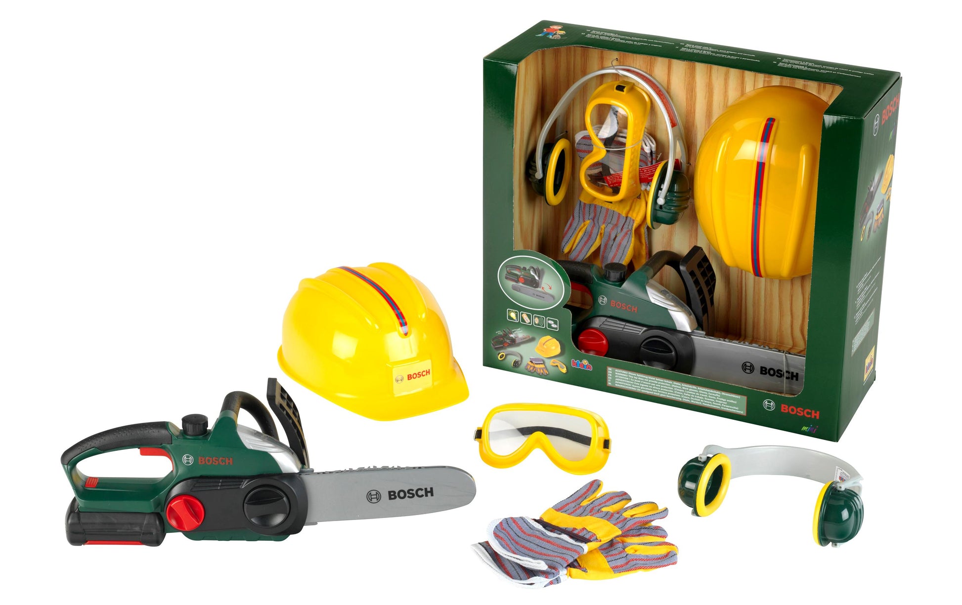 Theo Klein Kettensäge-Spielset – Handwerker – Geräuscheffekt, 37 cm – ab 3 J. – Kunststoff – Gelb/Grün
