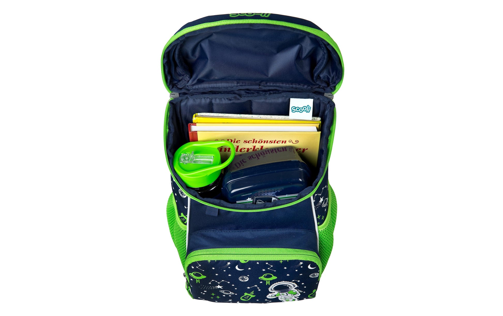 Scooli Kindergartenrucksack – Weltall – Grün/Blau – 20×19×13 cm – Recycelte Materialien