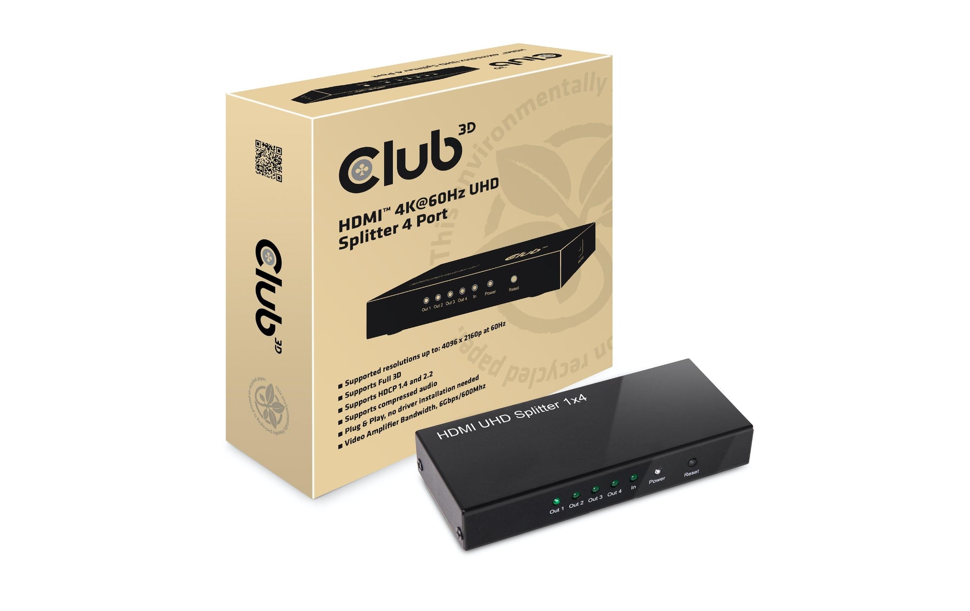 CLUB3D Club 3D – HDMI-Splitter – 4K UHD, HDMI 2.0, 4 Anschlüsse – Schwarz, Metall