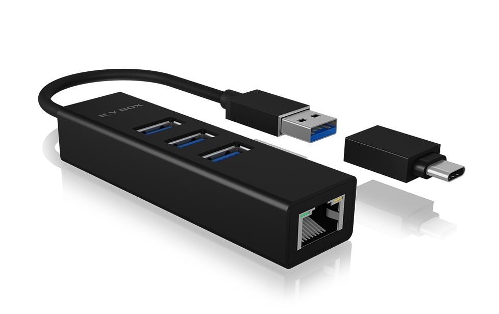 ICY BOX IB-1419-LAN USB-Hub – USB-A, 3× USB-A, GbE, für Windows/Mac