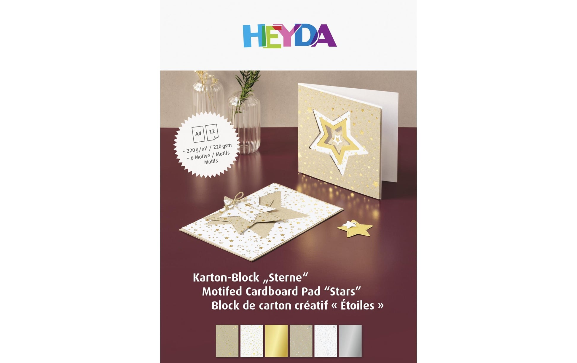 HEYDA Bastelkarton – A4, Sterne, Mehrfarbig, 220 g/m² – 12 Blatt