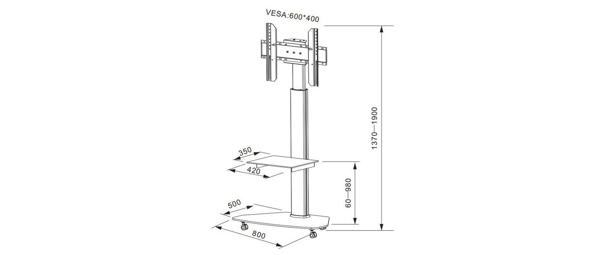 Audioraq Displayständer, schwenkbar, höhenverstellbar, für 45", VESA 600×400, bis 40 kg, schwarz