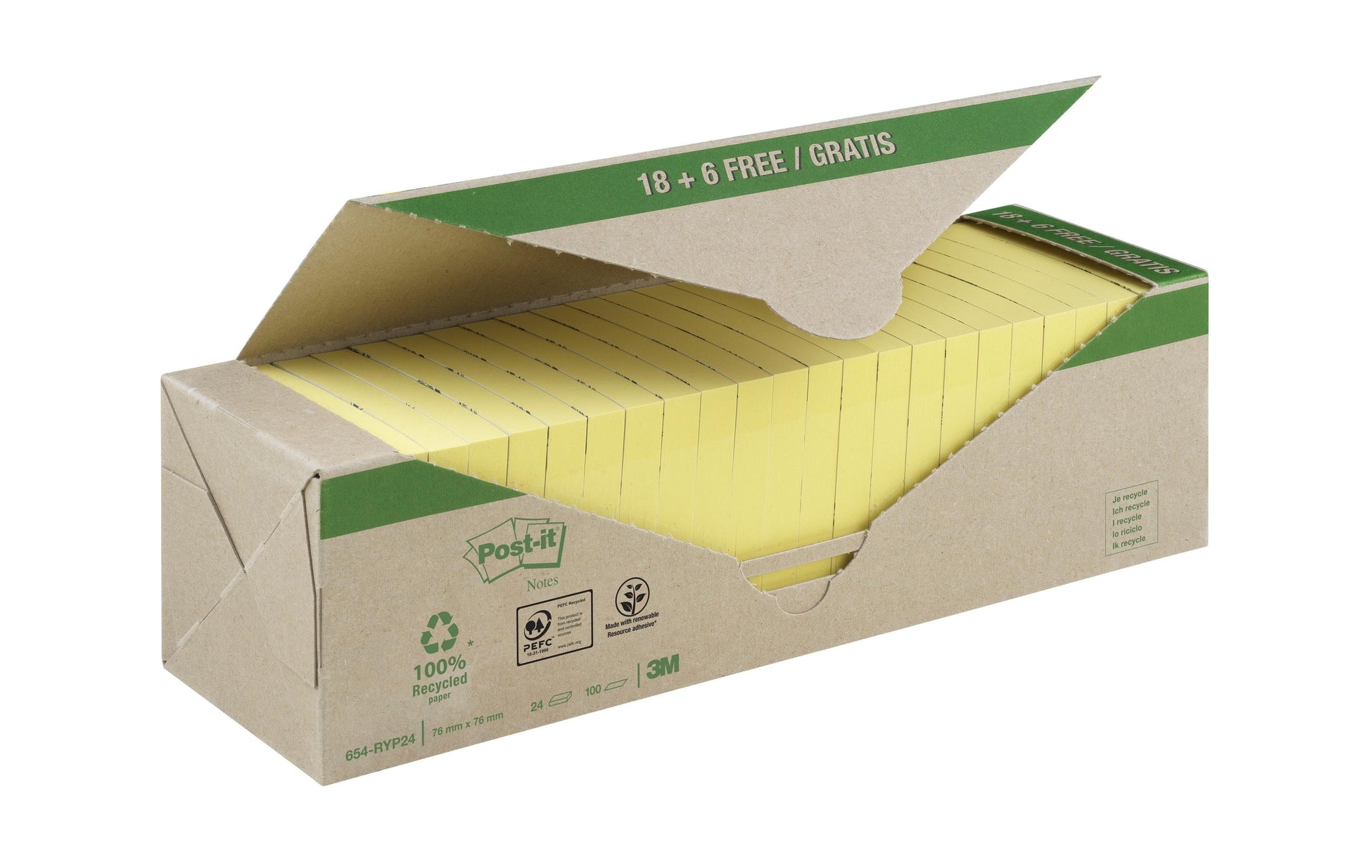 3M Post-it Haftnotizen – 76 × 76 mm – Gelb, 100 Blatt/Block, 24er-Pack