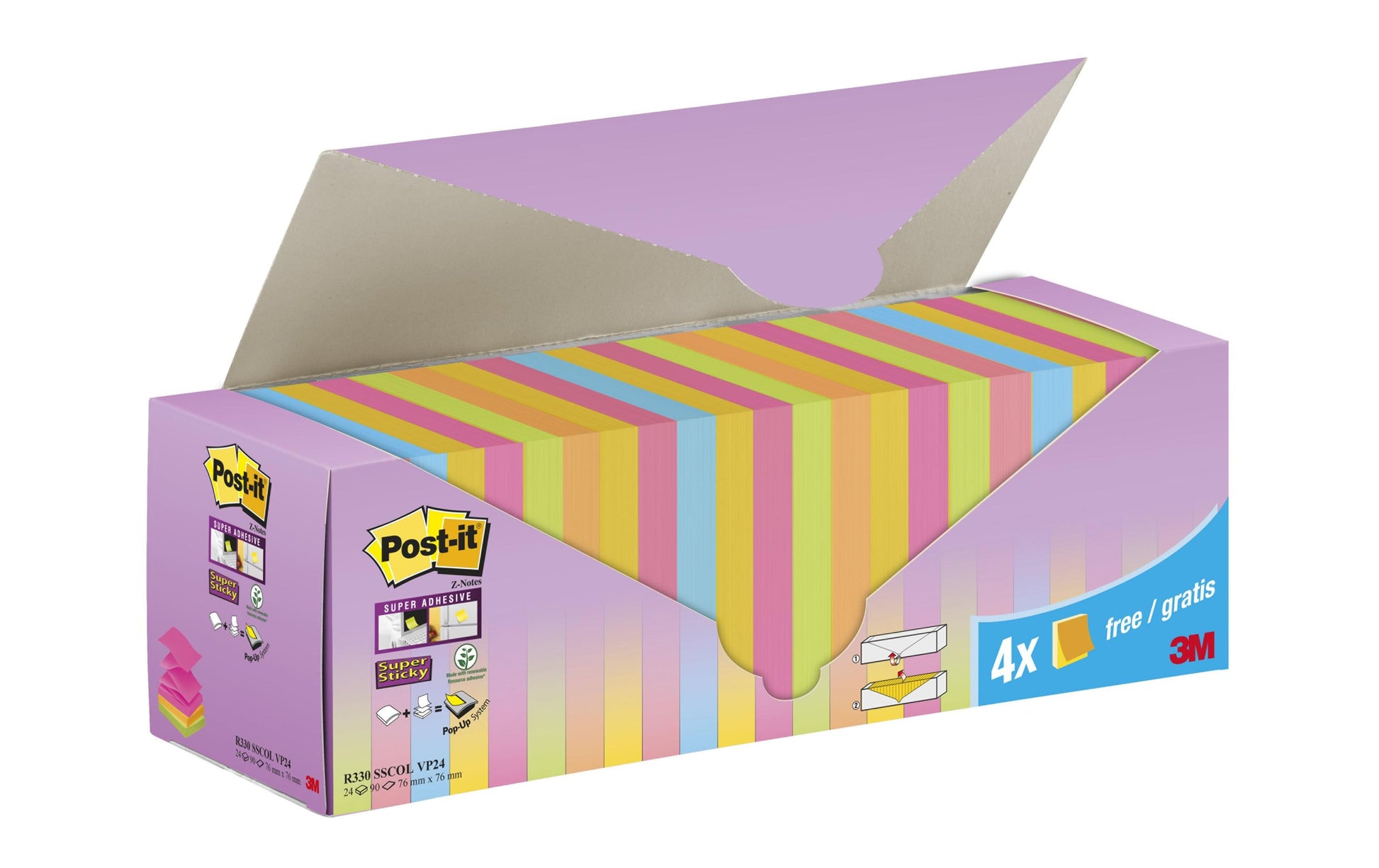 3M Post-it Z-Notes Haftnotizen – 76 × 76 mm – sortiert, Super Sticky, Z-Faltung, 100 Blatt/Block, 24er-Pack