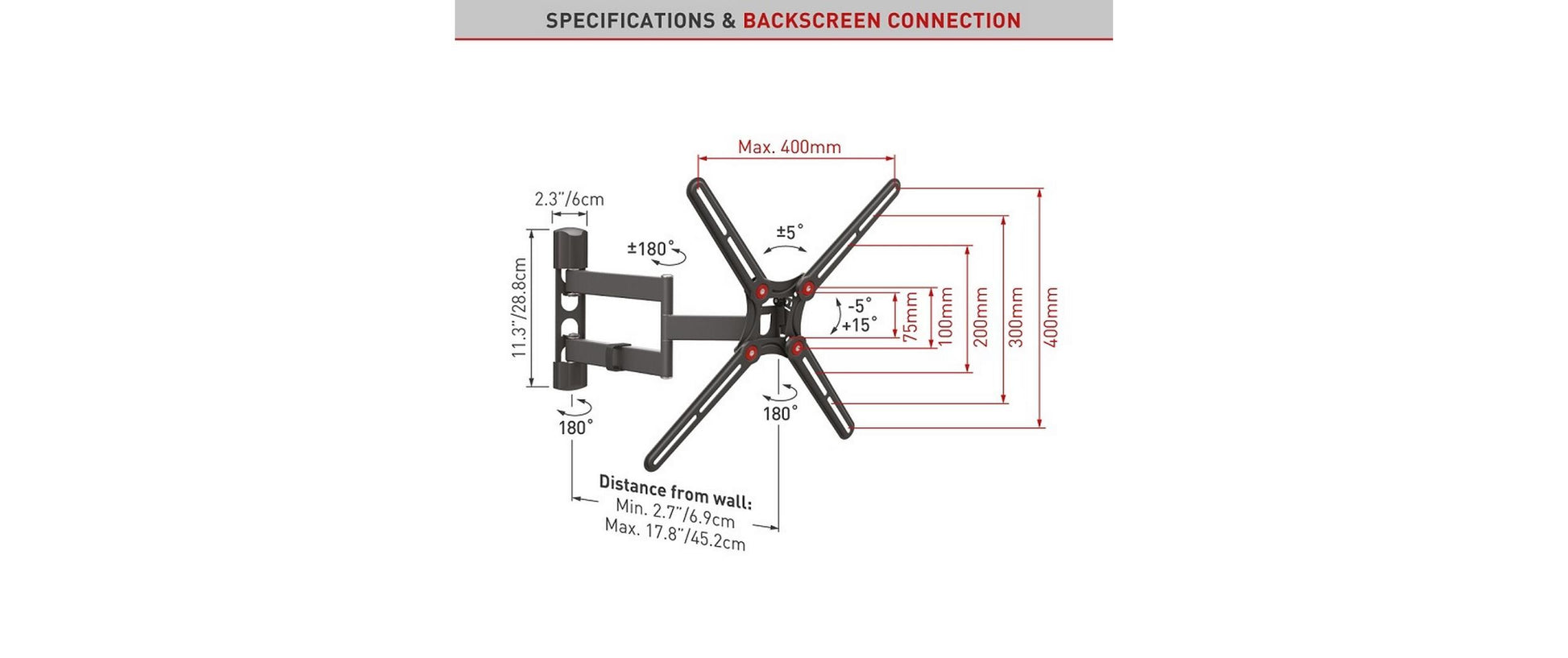 Barkan Mounting Systems Barkan Wandhalterung – Vollbeweglich – 13–65" – VESA 75×75–400×400 – bis 40 kg – WH 343-SW
