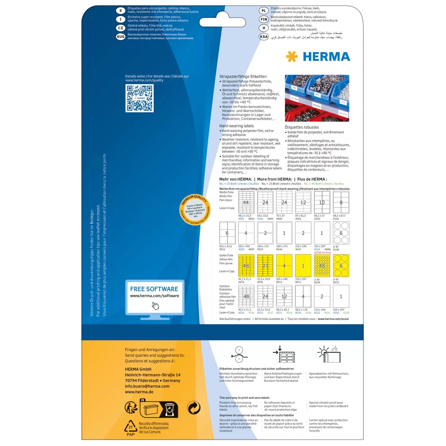 HERMA Schuletiketten – 70 × 37 mm, 600 Stk, 25 Bogen, Folie, permanent haftend
