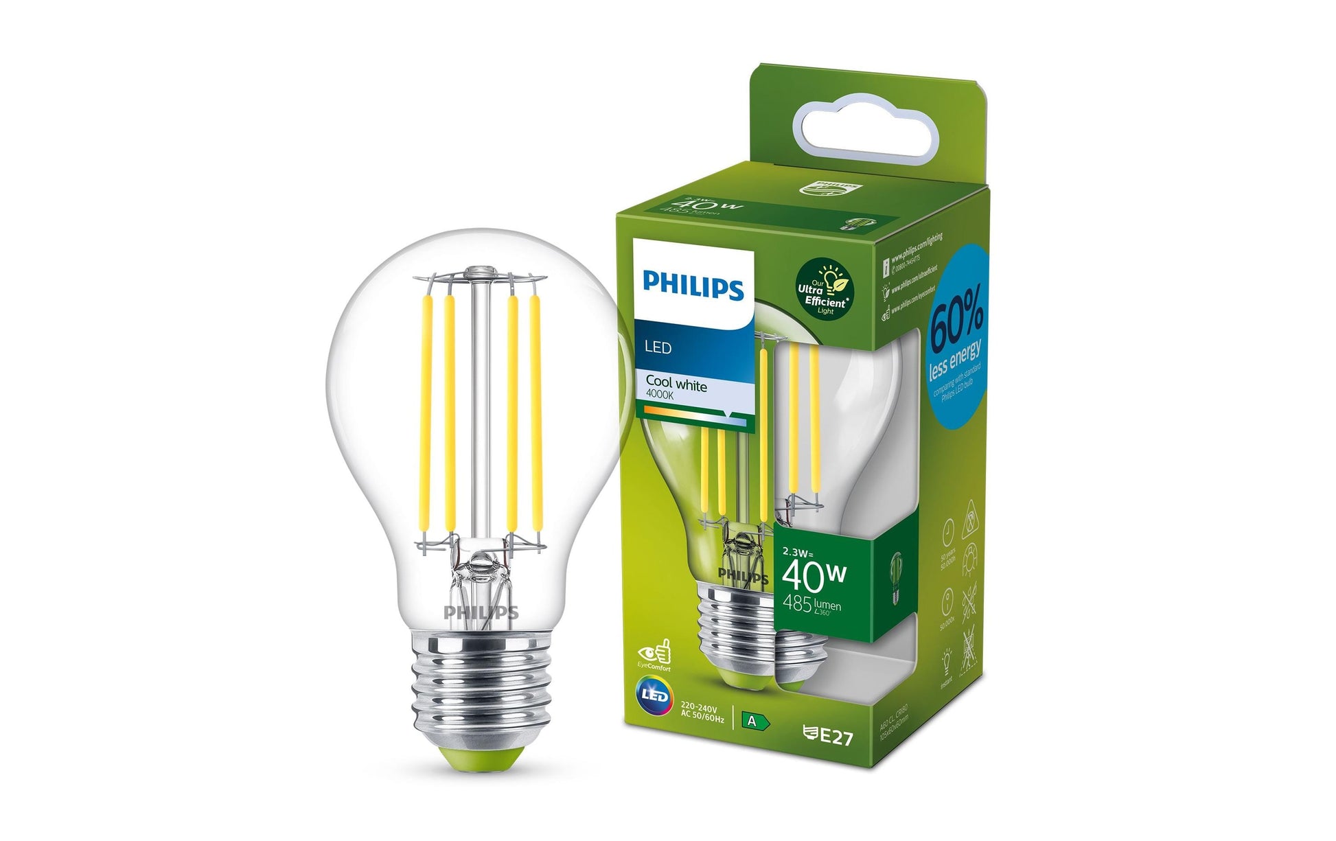 Philips by Signify Philips LED-Leuchtmittel E27 A-Form – Kaltweiss 4000 K, 485 lm, 2,3 W – Klar – 1 Stk.
