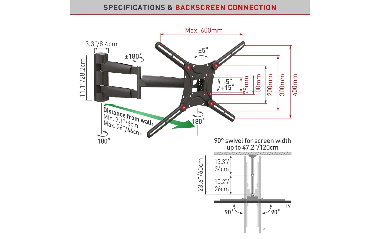 Barkan Mounting Systems Barkan WH 443-SW – Wandhalterung, neigbar, für 14", VESA 100×100, bis 43 kg, schwarz