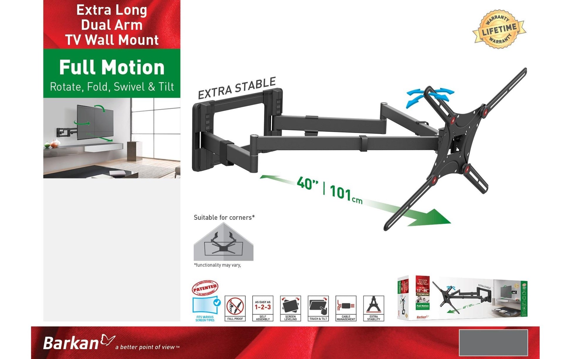 Barkan Mounting Systems Barkan WH 464XL-SW – Wandhalterung, drehbar, neigbar, für 13–80", VESA 400×200, bis 50 kg, schwarz