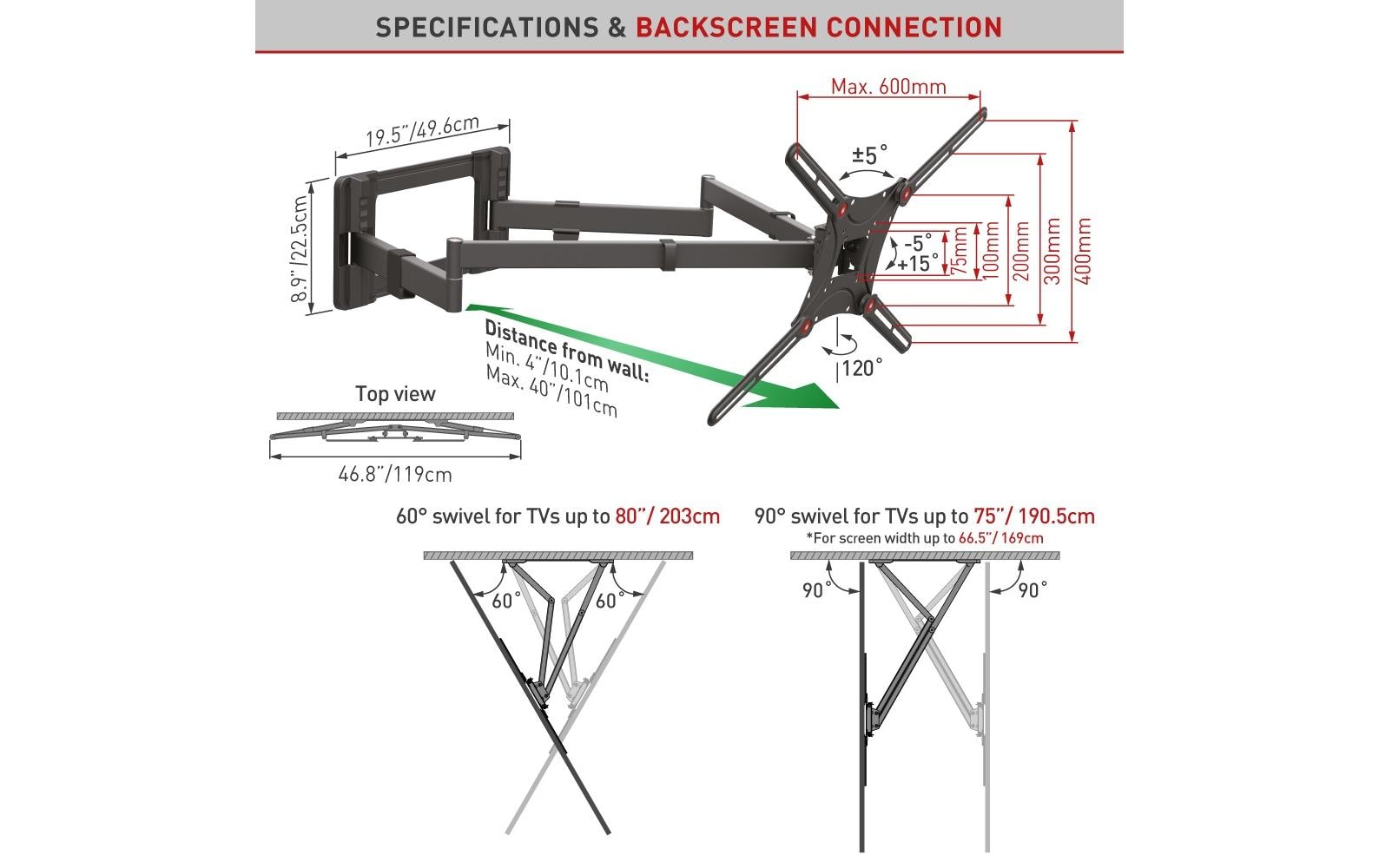 Barkan Mounting Systems Barkan WH 464XL-SW – Wandhalterung, drehbar, neigbar, für 13–80", VESA 400×200, bis 50 kg, schwarz