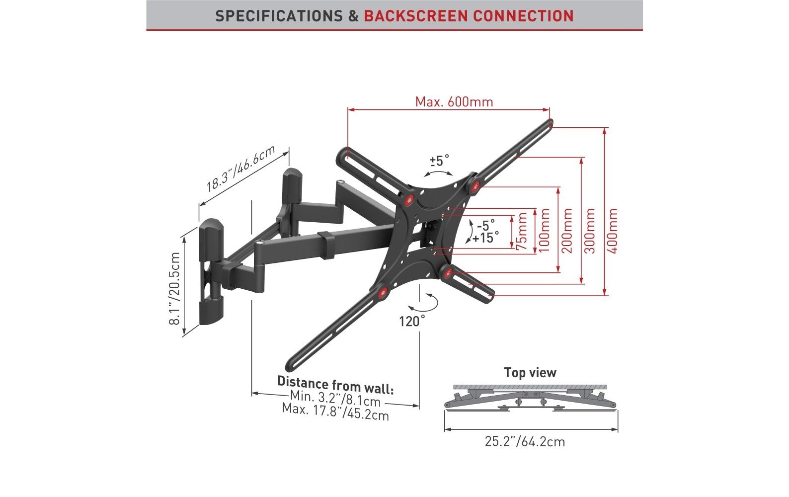 Barkan Mounting Systems Barkan WH-464-SW – Wandhalterung, schwenkbar, drehbar, bis 90", VESA 75×75–600×400, bis 60 kg, schwarz