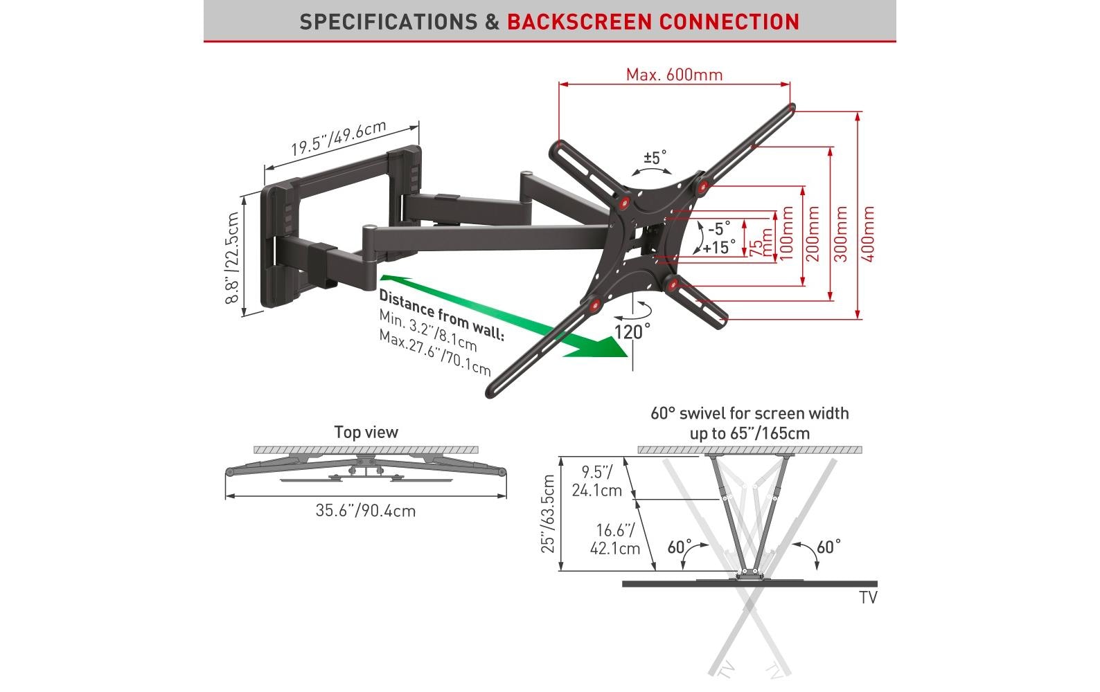 Barkan Mounting Systems Barkan WH 464L-SW – Wandhalterung, schwenkbar, neigbar, für 13–90", VESA 75×75–600×400, bis 60 kg, schwarz