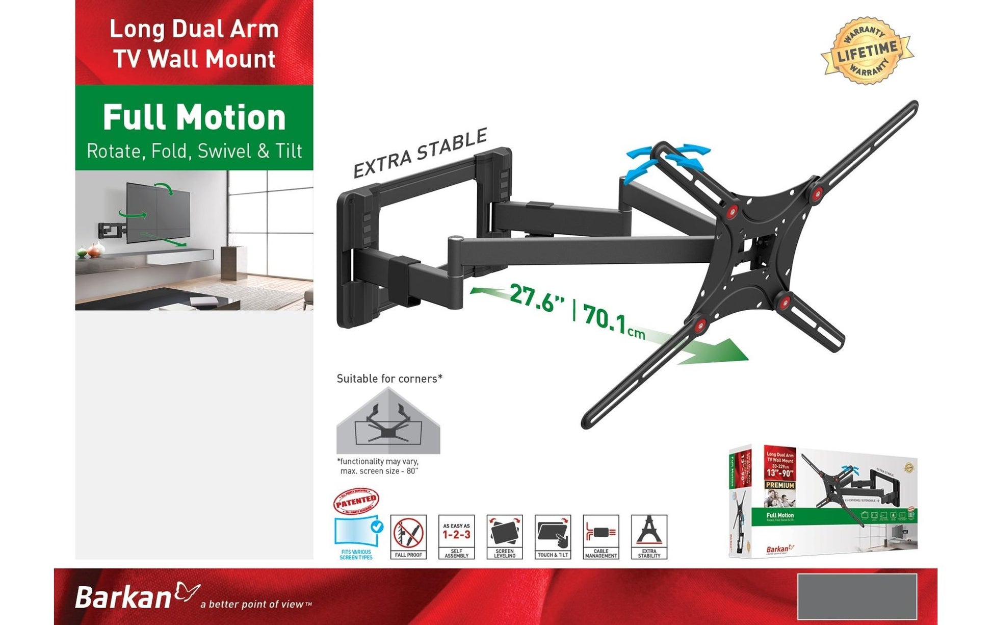 Barkan Mounting Systems Barkan WH 464L-SW – Wandhalterung, schwenkbar, neigbar, für 13–90", VESA 75×75–600×400, bis 60 kg, schwarz