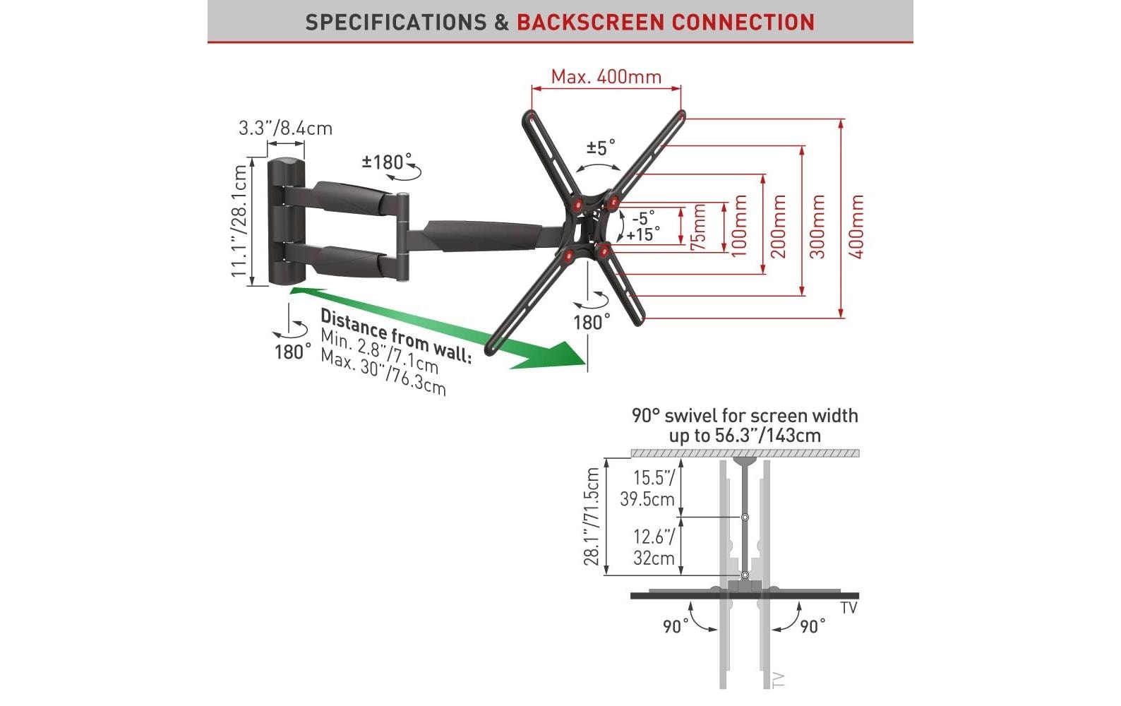 Barkan Mounting Systems Barkan WH 343XL-SW – Wandhalterung, schwenkbar, neigbar, für 13–65", VESA 75×75–400×400, bis 36 kg, schwarz