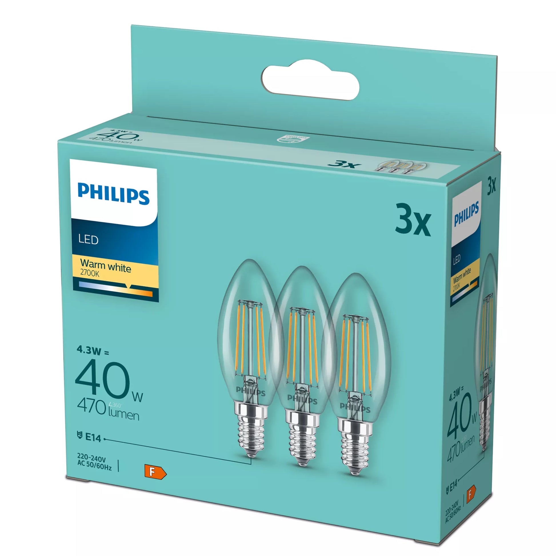 Philips by Signify Philips LED-Leuchtmittel E14 Kerze – Warmweiss 2700 K, 470 lm, 4,3 W – 3 Stk., Transparent