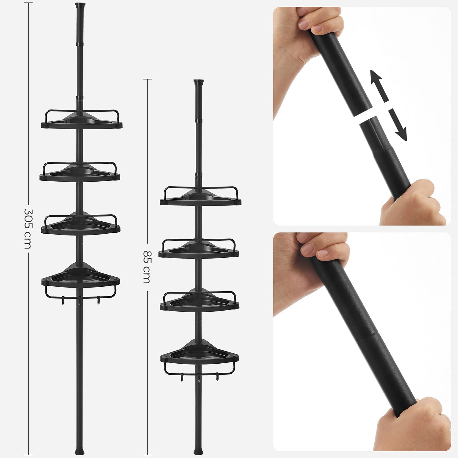 Songmics Duschregal – 85–305 cm, 4 Ablagen, Stahl/Kunststoff, 2 kg pro Ablage, Klemmen, Schwarz