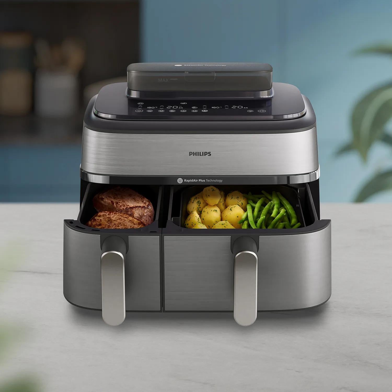 Philips Heissluftfritteuse NA555/00 – 9 l, Doppelkorb & Rapid Air, 2750 W – silber