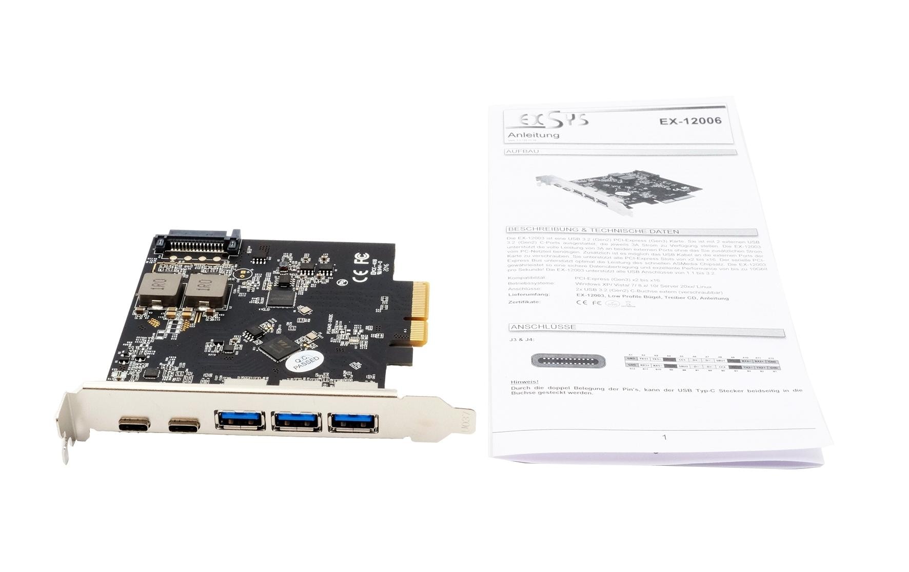 EXSYS EX-12006 PCIe USB-Karte – 5× USB 3.2 Gen2 extern (3× USB-A, 2× USB-C), 15 W pro C – für Windows XP–10
