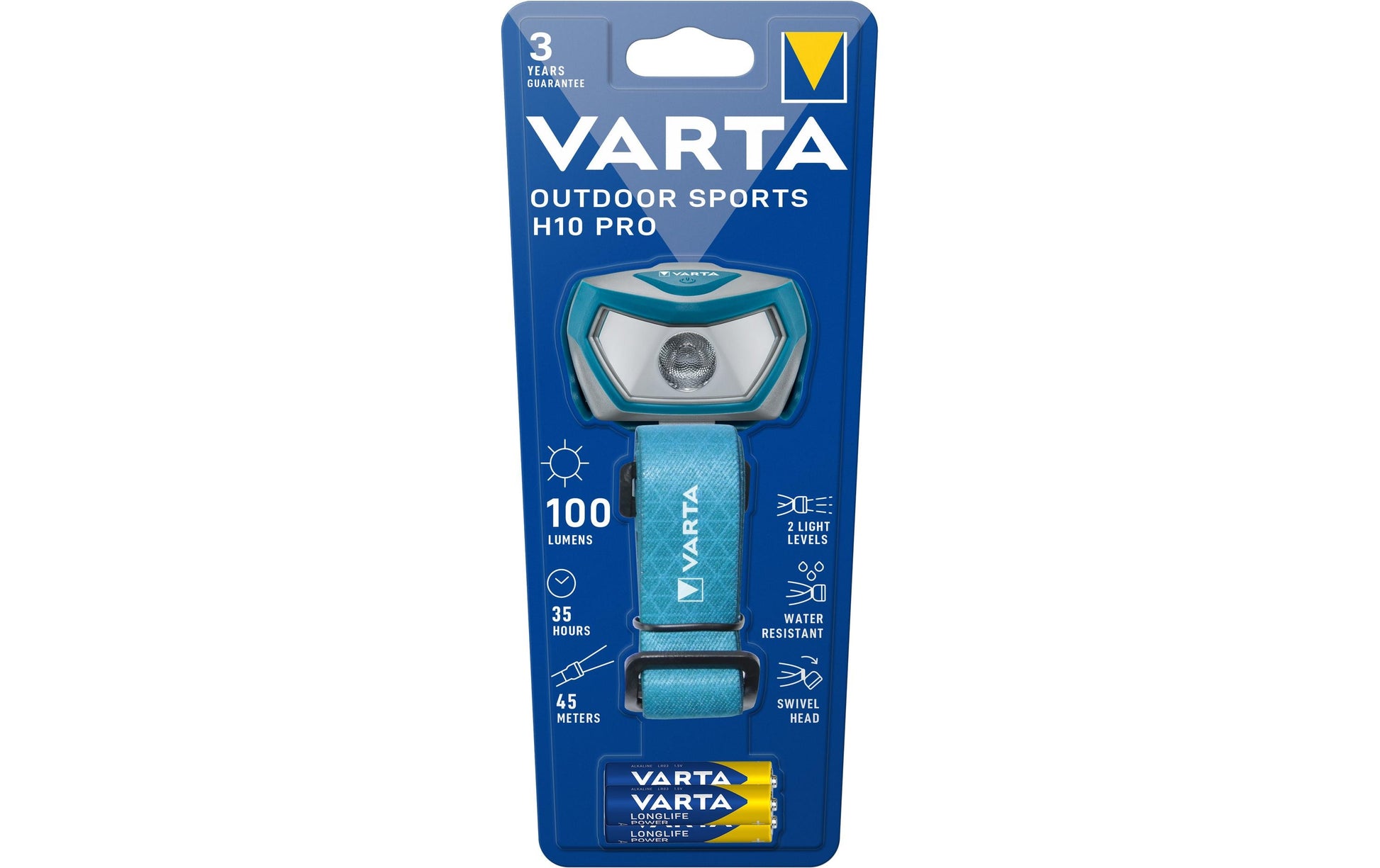 Varta Stirnlampe Outdoor Sports H10 Pro – 100 lm, 45 m, IPX4, Laufzeit 35 h – Blau