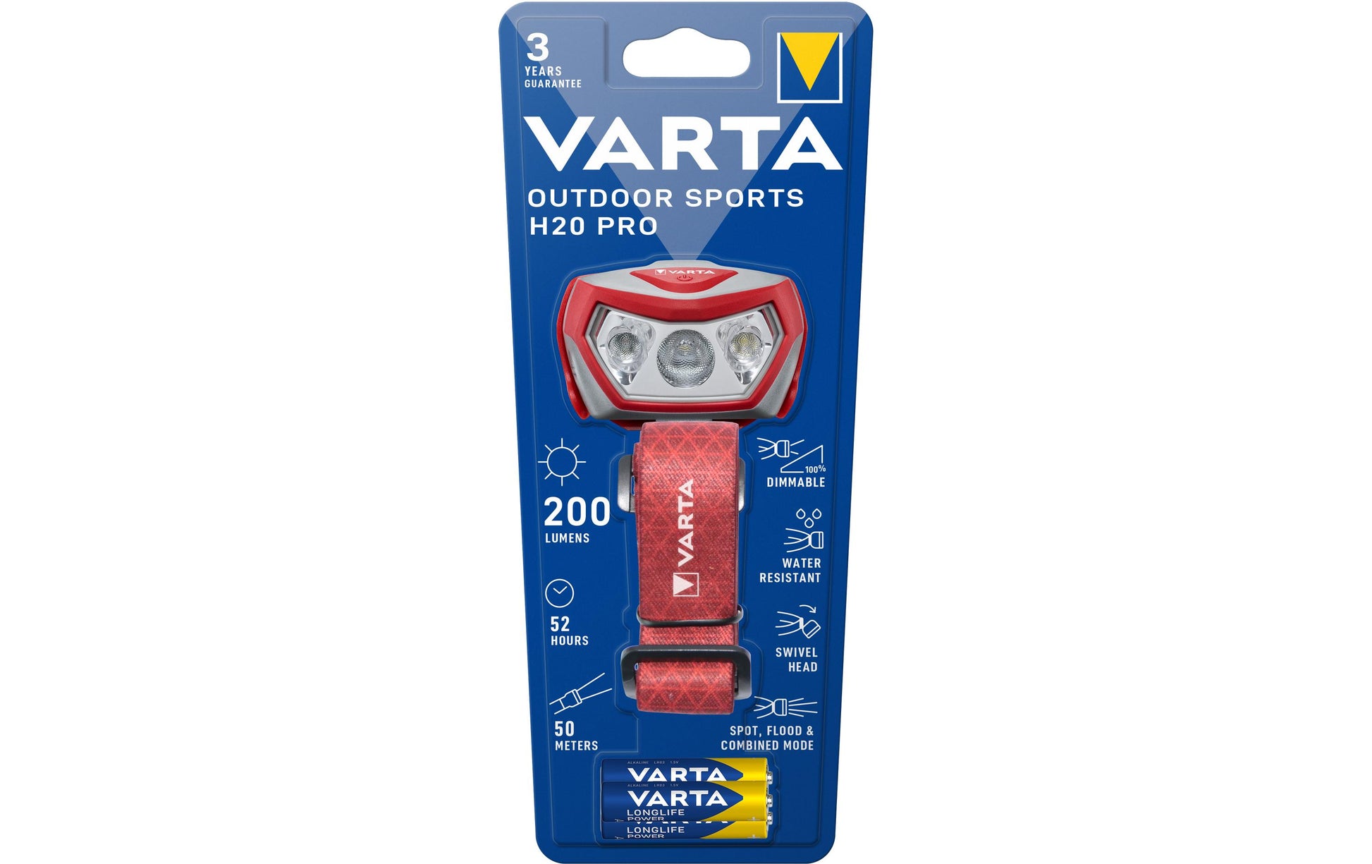 Varta Stirnlampe Outdoor Sports H20 Pro – 200 lm, 50 m, IPX4, Laufzeit 52 h – Grau