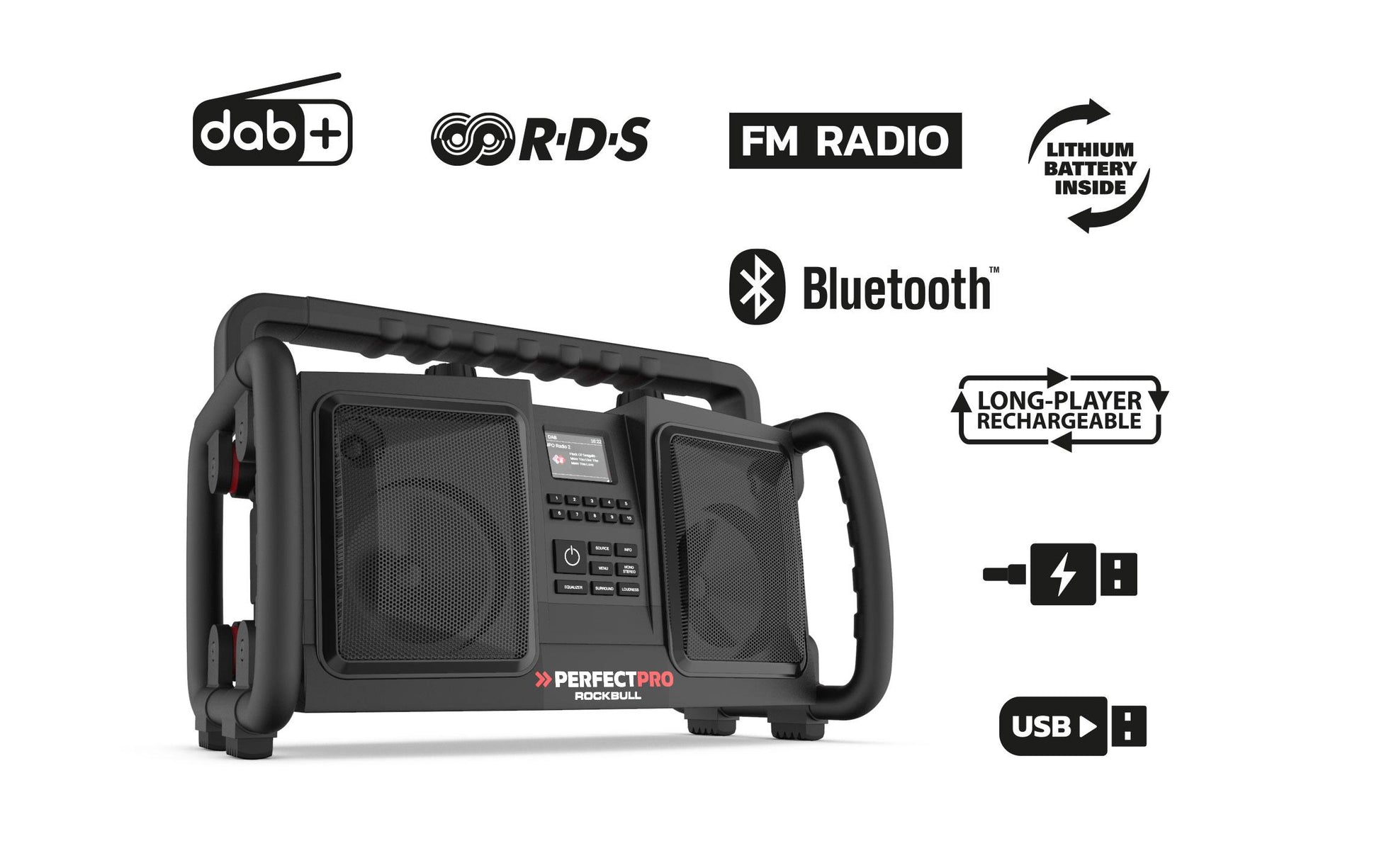 Perfectpro ROCKBULL – Baustellenradio – DAB+, Bluetooth, IP65, Akkubetrieb – Schwarz