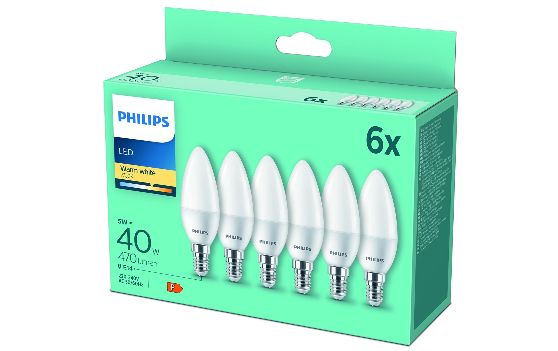Philips by Signify Philips LED-Leuchtmittel E14 B35 – Warmweiss 2700 K, 470 lm, 4,9 W – 6 Stk., matt, Kunststoff