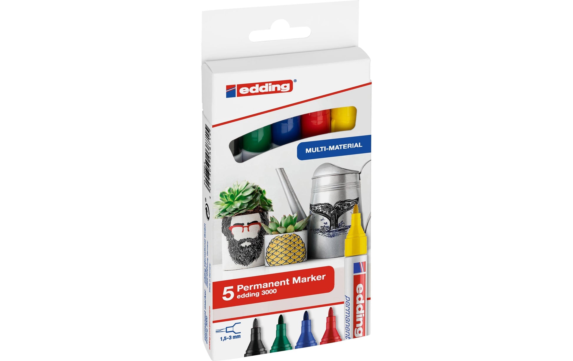 Edding 3000 Permanentmarker – Rundspitze 1,5–3 mm – Mehrfarbig – 5er-Pack – für Glas, Metall und Kunststoff