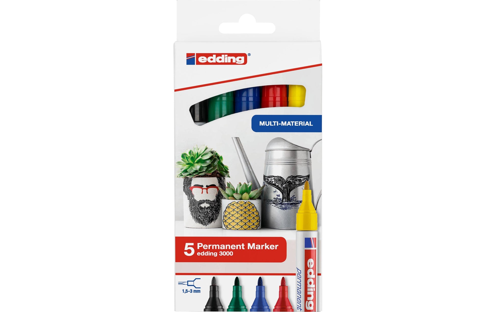 Edding 3000 Permanentmarker – Rundspitze 1,5–3 mm – Mehrfarbig – 5er-Pack – für Glas, Metall und Kunststoff