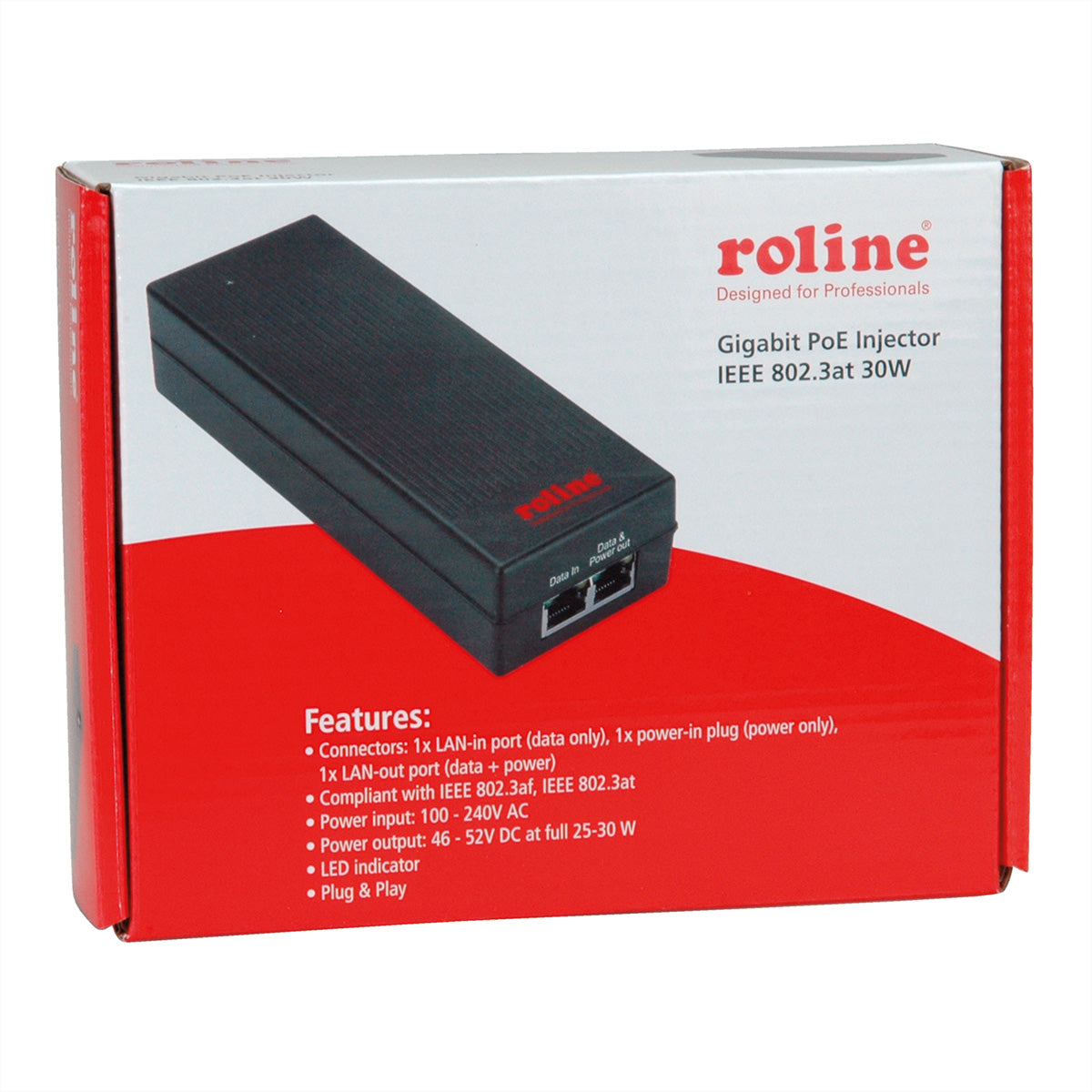 ROLINE PoE Midspan – 30 W (IEEE 802.3at/802.3af), Gigabit, 1× RJ-45