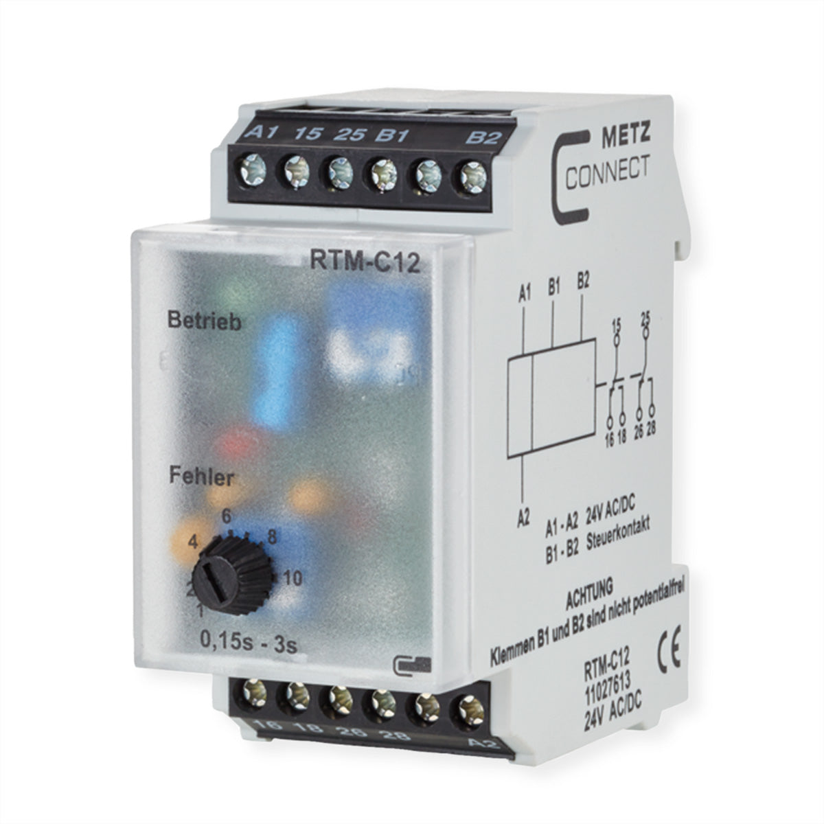 METZ CONNECT Zeitschaltuhr (DIN-Schiene) – 24 V AC/DC, Impulslänge 0,15–3 s, IP20 – RTM-C12