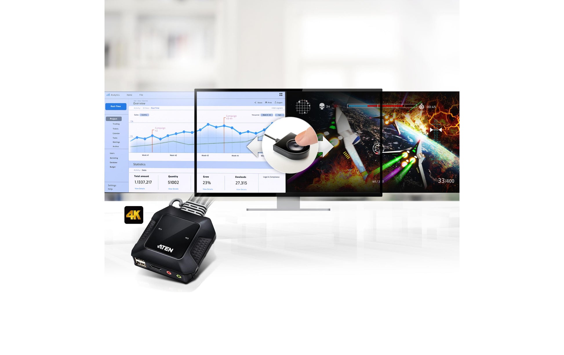 ATEN CS22H – 2-Port HDMI KVM-Switch – 4K/60 Hz, USB 2.0-Hub, Audio, Desktop