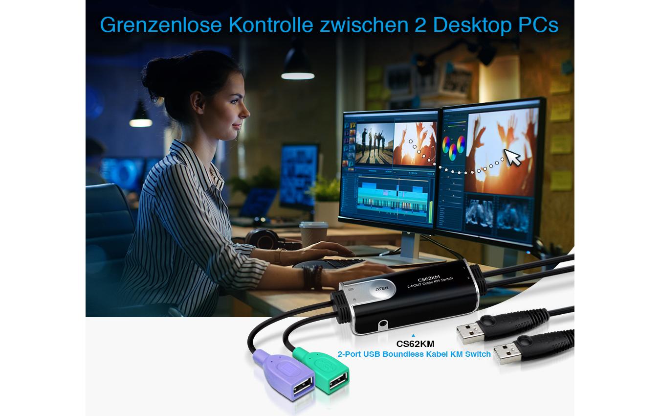 ATEN CS62KM – 2-Port KVM-Switch (lokal) – USB 2.0-Hub, Desktop
