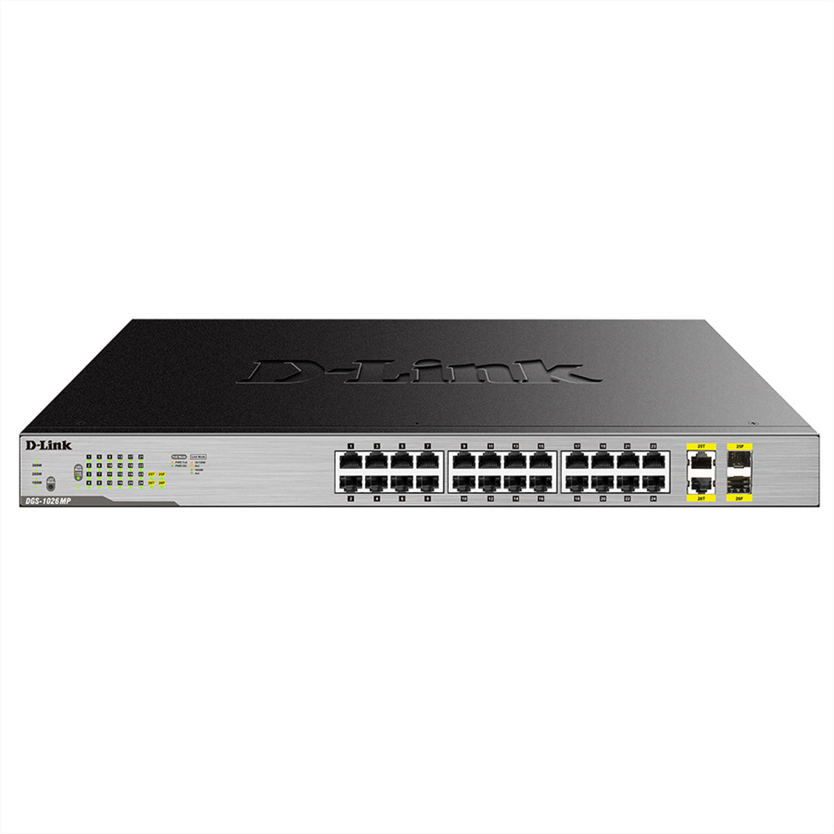 D-Link DGS-1026MP – Unmanaged Switch – 24× 1G, 2× SFP (Combo), PoE+, PoE-Budget 370 W, 19", 1U