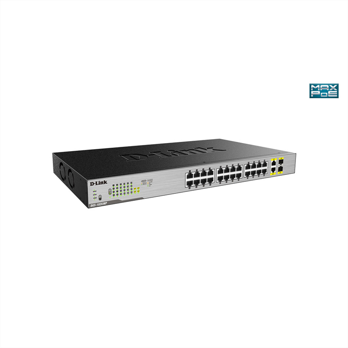 D-Link DGS-1026MP – Unmanaged Switch – 24× 1G, 2× SFP (Combo), PoE+, PoE-Budget 370 W, 19", 1U