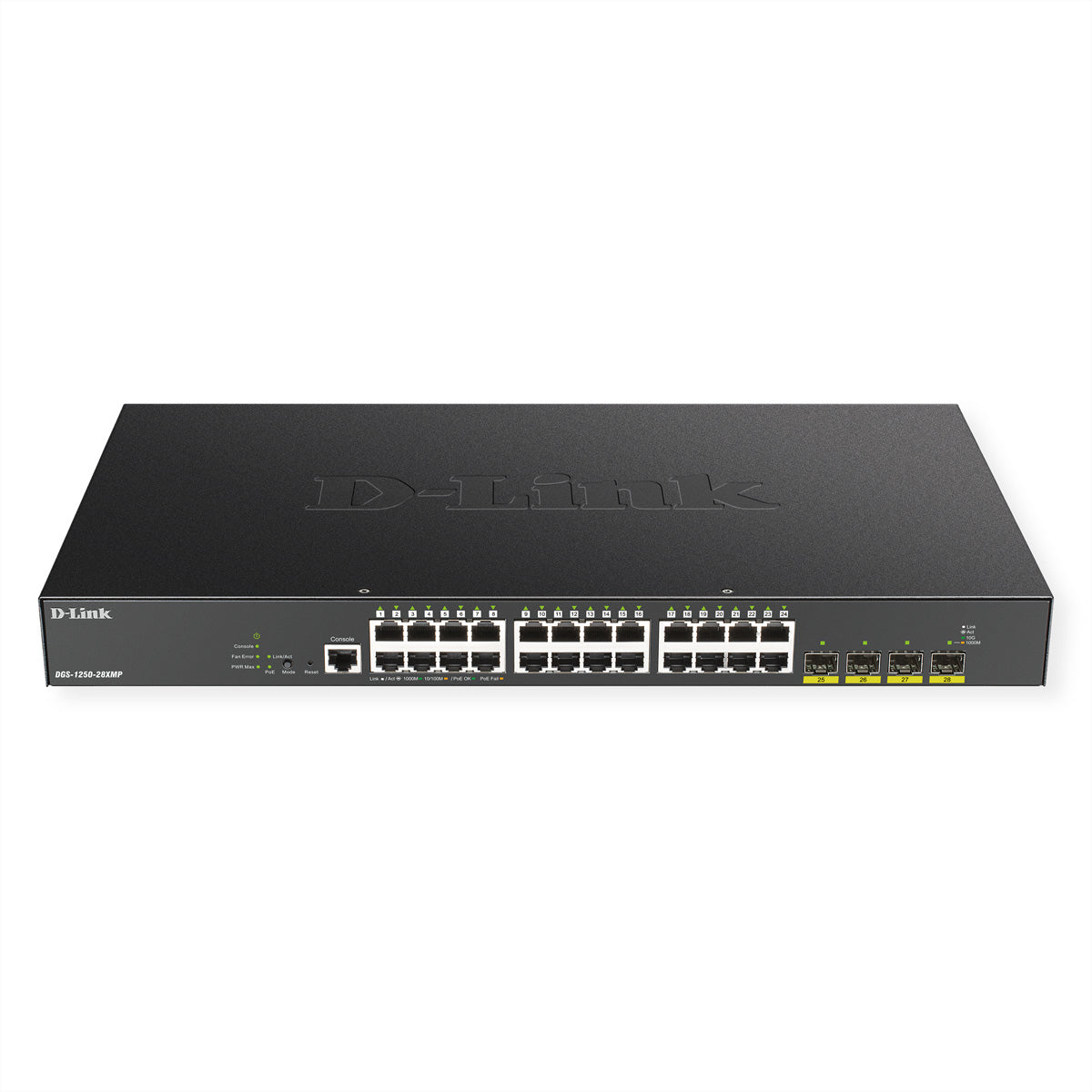 D-Link DGS-1250-28XMP – Managed L3 Switch – 24× 1G, 4× SFP+, PoE+, PoE-Budget 370 W, 19", 1U