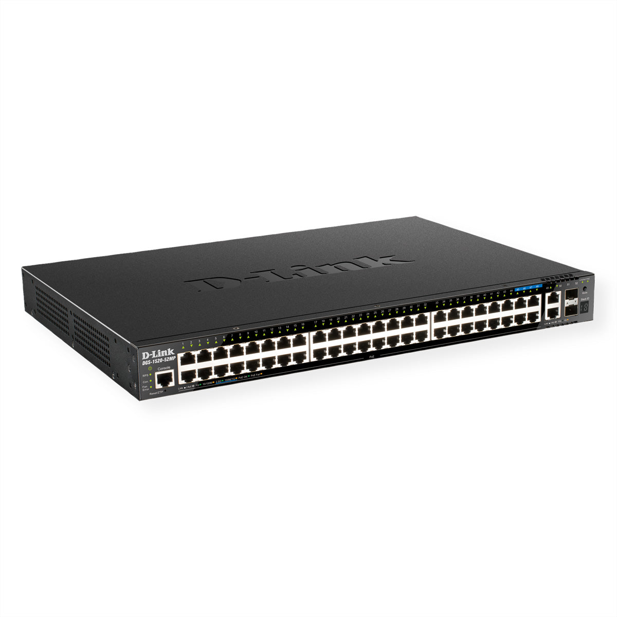 D-Link DGS-1520-52MP – Managed L3 Switch – 44× 1G, 4× 2,5G, 2× 10G, 2× SFP+, PoE+, PoE-Budget 370 W, 19", 1U