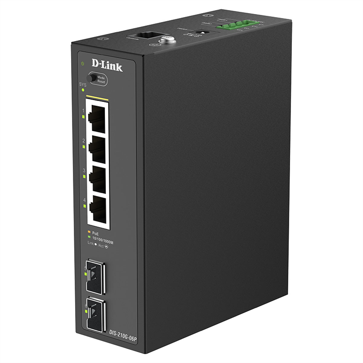D-Link DIS-210G-06P – Verwalteter L2/L3 Switch – 4× 1G, 2× SFP, PoE+, PoE-Budget 120 W, Hutschiene
