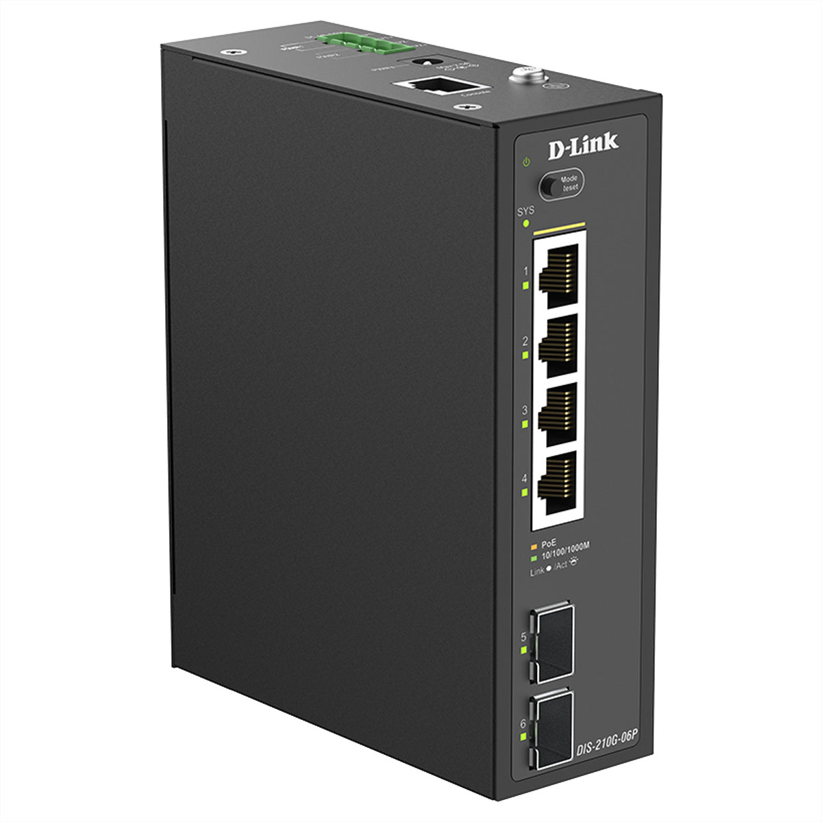 D-Link DIS-210G-06P – Verwalteter L2/L3 Switch – 4× 1G, 2× SFP, PoE+, PoE-Budget 120 W, Hutschiene