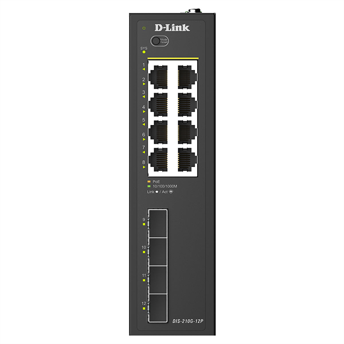 D-Link DIS-210G-12P – Managed L2/L3 Switch – 8× 1G, 4× SFP, PoE+, PoE-Budget 240 W, Hutschiene