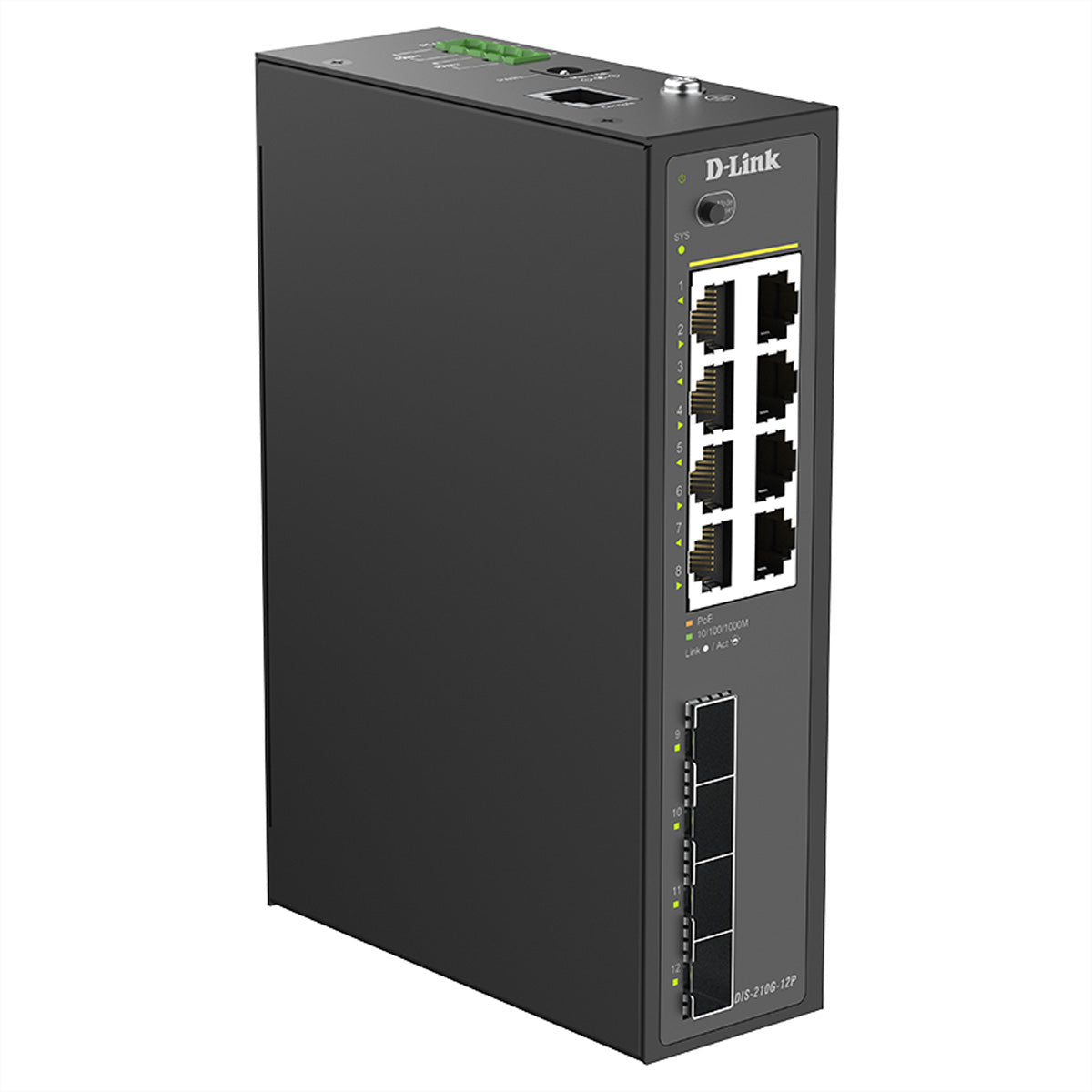 D-Link DIS-210G-12P – Managed L2/L3 Switch – 8× 1G, 4× SFP, PoE+, PoE-Budget 240 W, Hutschiene