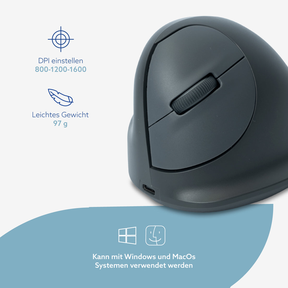 R-Go Tools HE Basic M – Vertikale Maus – Kabellos (Bluetooth), Linkshändig, Grau