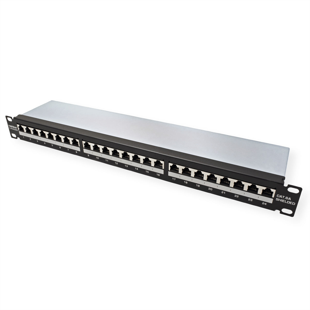 TRENDnet TC-P24C6AS Patchpanel – Cat6A (Klasse EA), 24× RJ-45, geschirmt, 1U, schwarz, für Cat6A, Cat6, Cat5e