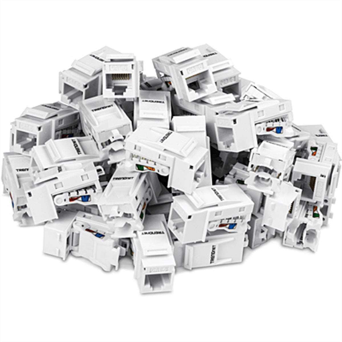 TRENDnet TC-K50C6 – Keystone-Buchsen Cat6, werkzeuglos, 50×, abgewinkelt, RJ-45, 10GBase-T, Weiss, für TC-KP24